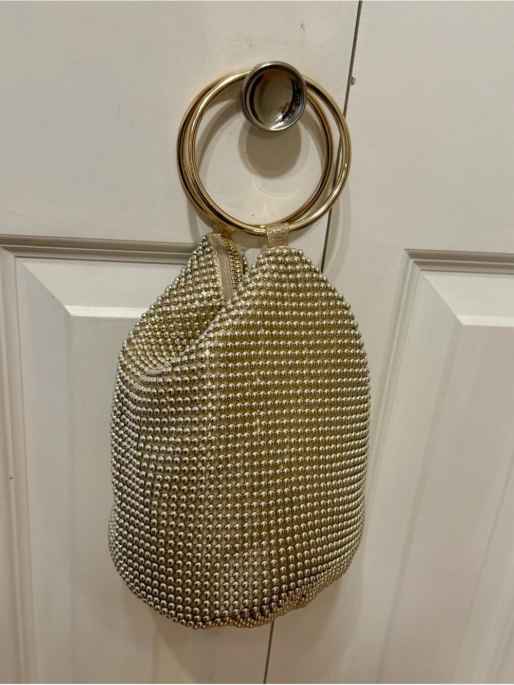 Olga Berg Bianca Ball Mesh Handle evening Bag in Gold